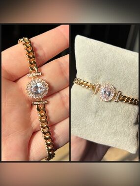 Gold Chain Bracelet with Clear CZ Halo Crystal Center